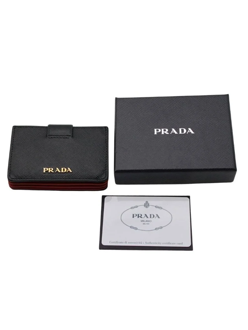 Prada Card Case Saffiano Black Red Accordion